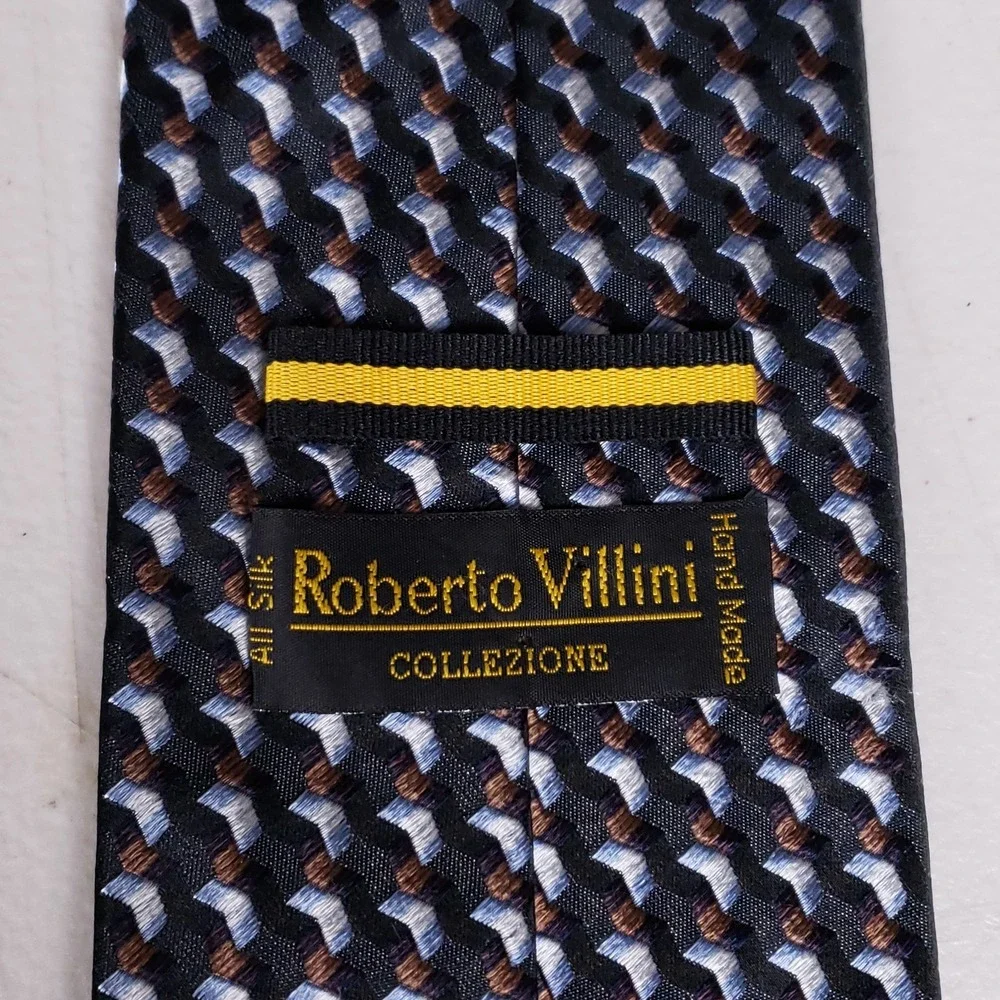 Roberto Villini‎ Tie Geometric Pattern Black Blue Brown Quiet Luxury
